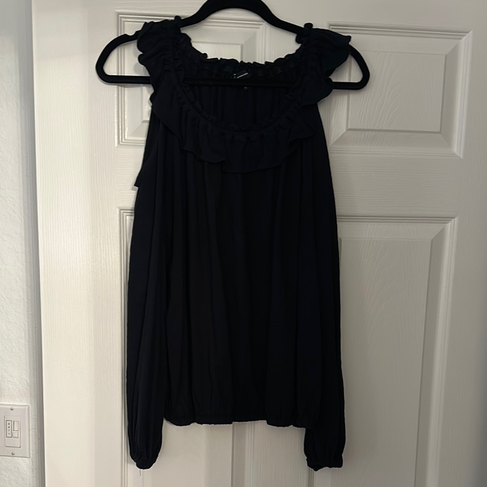 INC Black Ruffled Cold Shoulder Top